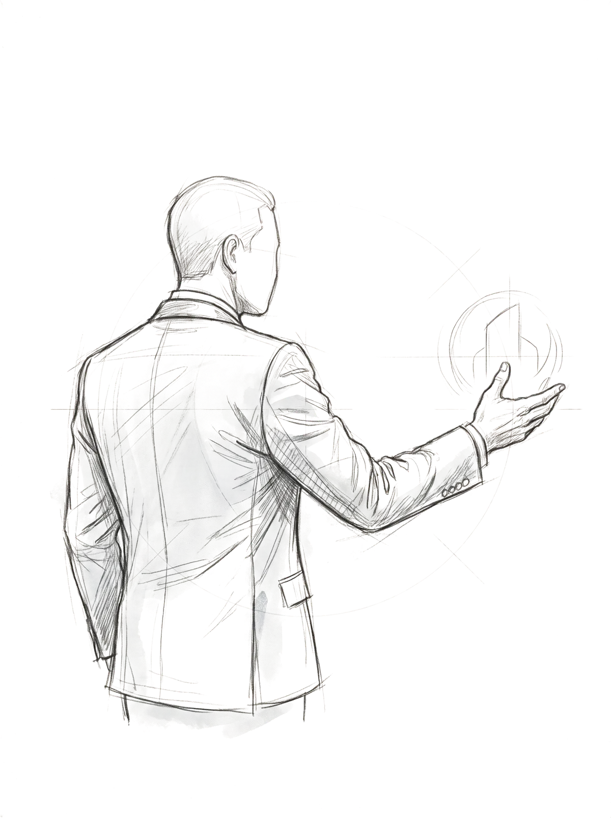 Sketched founder reaching forward